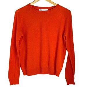 ZARA Orange 100% Wool Crewneck Sweater Womens Medium Cropped Minimalist